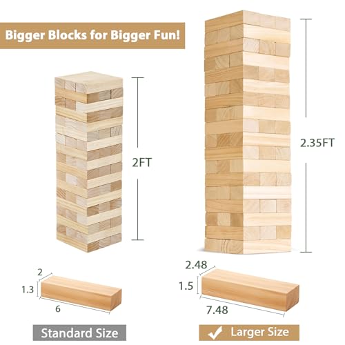 ApudArmis Giant Tumble Tower Stack to Over 5Ft, 56 PCS Pine Wooden Stacking Timber Game with 1 Dice Set - Classic Block Giant Outdoor Game (7.48 * 2.48 * 1.5In Each Block) - color: Burlywood, size: XL-Over 5FT