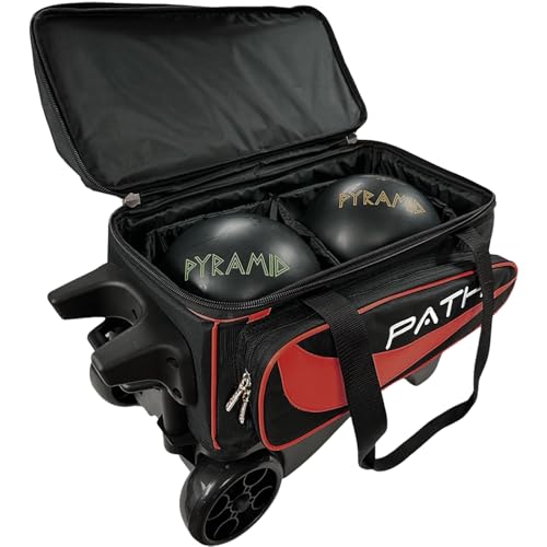 Pyramid Path Premium Deluxe 2 Ball Double Roller Bowling Bag With Large Separate Shoe Compartment (Up To US Mens Size 15) and Oversized Accessory Pocket, Retractable Locking Handle - Extends to 37" - color: 1-Red
