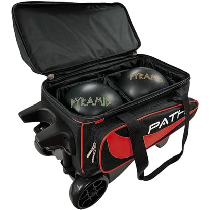 Pyramid Path Premium Deluxe 2 Ball Double Roller Bowling Bag With Large Separate Shoe Compartment (Up To US Mens Size 15) and Oversized Accessory Pocket, Retractable Locking Handle - Extends to 37" - color: 1-Red