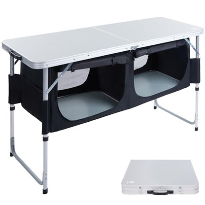 EVER ADVANCED Folding Camping Table with Storage, 4 ft * 2 ft Aluminum Composite Desktop & Adjustable Legs, Outdoor Kitchen Table for Tailgating, Backyard, BBQ and Picnic