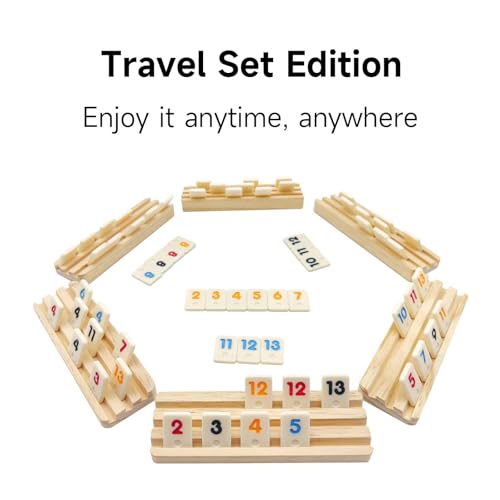 Mini Travel Rummy Cube Set with 6 Wooden Racks, 160 Rummy Cube Game Tiles Rummy Cube 6 Player Edition with Portable Case for Family Classic Board Games - Travel Edition