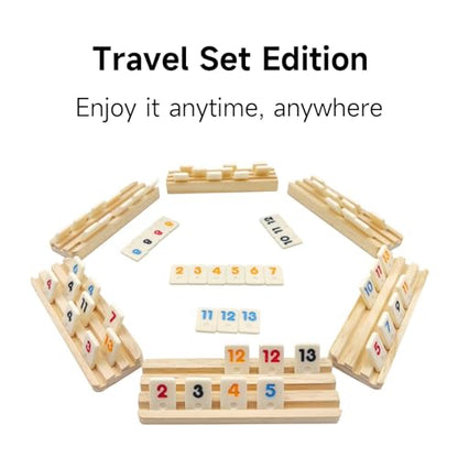 Mini Travel Rummy Cube Set with 6 Wooden Racks, 160 Rummy Cube Game Tiles Rummy Cube 6 Player Edition with Portable Case for Family Classic Board Games - Travel Edition