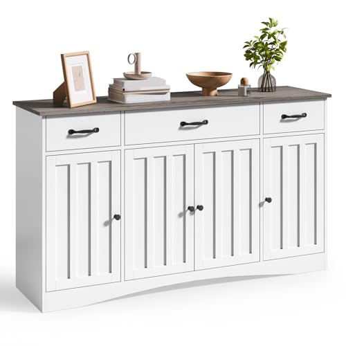 Gizoon Sideboard Buffet Cabinet with Storage, Modern Kitchen Sideboard and Coffee Bar with Drawers and Doors, Wood Buffet Table for Dining Room, 15.2" D x 55.1" W x 31.9" H, White/Grey - color: Grey, size: 55.1" W
