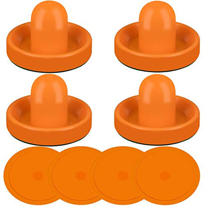 ONE250 Air Hockey Pushers and Red Air Hockey Pucks, Goal Handles Paddles Replacement Accessories for Game Tables (4 Striker, 4 Puck Pack) - color: Orange