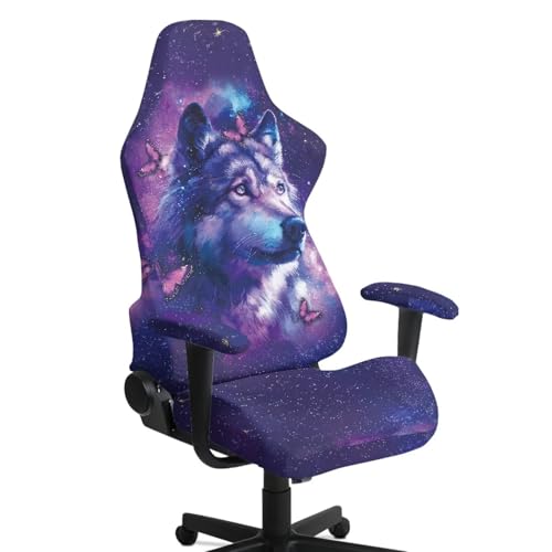 Suobstales Galaxy Wolf Butterfly Pattern Gaming Chair Cover, Stretchable Office Computer Chair Cover Ergonomic Cat Proof Protector with Armrests, Comfy Executive Rolling Chairs for Home Office - color: Galaxy Wolf Butterfly