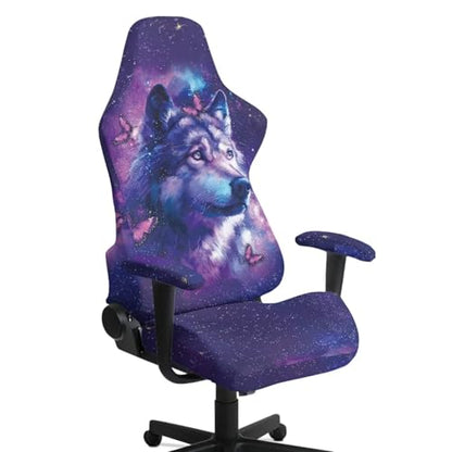 Suobstales Galaxy Wolf Butterfly Pattern Gaming Chair Cover, Stretchable Office Computer Chair Cover Ergonomic Cat Proof Protector with Armrests, Comfy Executive Rolling Chairs for Home Office - color: Galaxy Wolf Butterfly