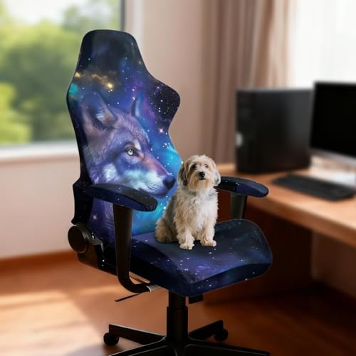 Suobstales Galaxy Wolf Pattern Game Chair Cover with 1 Pair Armrest Cover, Anti-Scratch Protection Rotating Chair Slipcovers, Stretchy Covers for Racing Gaming Chair - color: Galaxy Wolf
