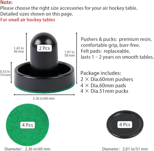 10-piece Set Mini Air Hockey Pushers and Pucks, Strikers Goal Handles Pushers Paddles Air Hockey Table Replacement Accessories, (2 Pushers, 4 Pucks,4 Pads), 60MM - color: Black