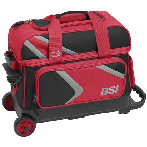 BSI Dash Roller Bowling Bag with Smooth Rolling Wheels, Padded Ball Compartment, Retractable Locking Handle, & Shoe Pocket - color: Black/Red/Gray, style: Double