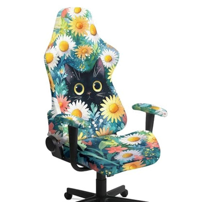 Suobstales Cat Daisy Flower Pattern Gaming Chair Cover, Removable Office Chair Cover with Zipper, Stretch Anti-dust Universal Washable High Back Computer Seat Protector for Pets - color: Cat Daisy Flower