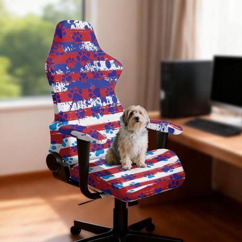 American Flag Paw Print Computer Chair Cover Universal Fit Office Armchair Covers Stretchable with 2Pcs Armrest Slipcover Spandex Rotating Gaming Chair Covers Protector with Long Zipper - color: American Flag Paw Print