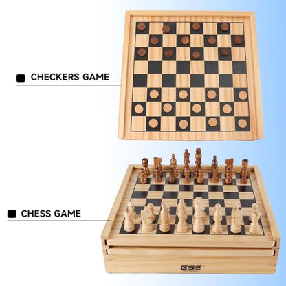GSE Games & Sports Expert Wooden 9-in-1 Chess, Checkers, Backgammon, Dominoes, Chinese Checkers, Tic-Tac-Toe, Ludo, Playing Cards & Poker Dice Game Combo Set
