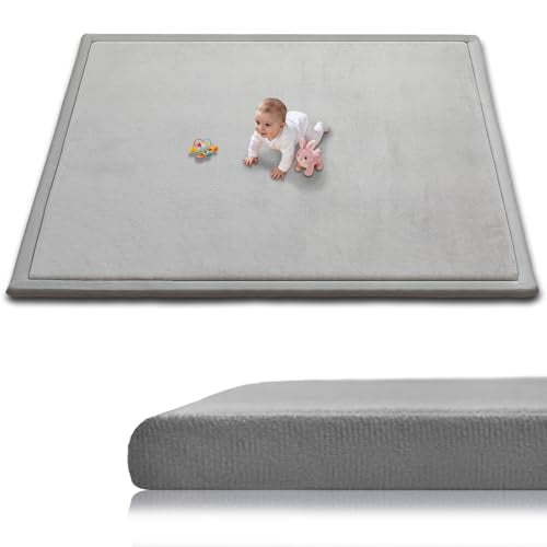 Baby Play Mat for Floor, 1.3 Inch Thick Memory Foam Tummy Time Mat with Non Slip Backing, Soft Coral Velvet 71X79 Inch Playpen Mat Crawling Tatami for Infants Toddlers Kids, Light Grey - color: Light Grey, size: 71" X 79"