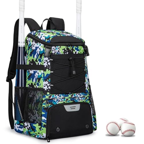 KAVIGOR Baseball Bag for Youth and Adult, Softball Backpack 40L Large Capacity, Bat Backpack with Shoes Compartment and Hidden Helmet Holder - color: Green Camo