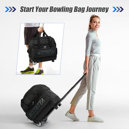 2 Ball Bowling Bag with Wheels, Bowling Bags 2 Ball Roller - 1680D Reinforced Oxford, Bowling Ball Bag with Separate Shoe Compartment & Retractable Handle Extends to 40'' - color: Black