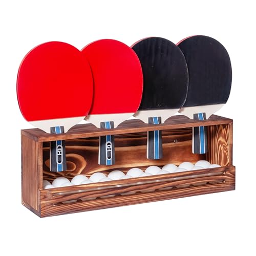 Ping Pong Paddle Storage Rack, Ping Pong Accessories Organizer Wall-Mount for 6 Paddles, 6 Pickleball Paddles and Balls, Pine Wood Table Tennis Racket Display for Game Room Bar Office Home - color: Tabletop Brown