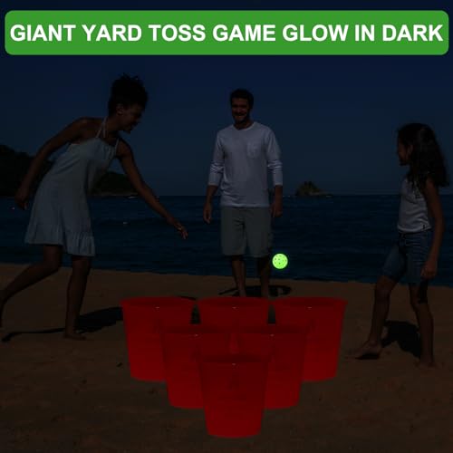 Aivalas Yard Pong Outdoor Games Glow Set in Dark, Giant Yard Pong Game for Adults and Family with 12 Buckets, 4 Balls and a Carrying Bag, Giant Pong for Beach, Camping, Lawn and Backyard - color: Red Glow in Dark