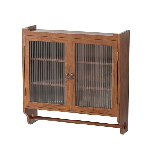 Retro Style Haze Double Glass Door Wood Wall Cabinet with Detachable Shelves for Office, Dining Room,Living Room, Kitchen and Bathroom Brown - color: Brown