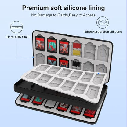 QuoLumPIA 48 Game Card Case Compatible for Nintendo Switch 2/OLED/Switch/Switch Lite, storage 48 Game Cards & 80 Micro SD cards, Black, hard shell, magnetic closure, soft silicone linning - size: 48