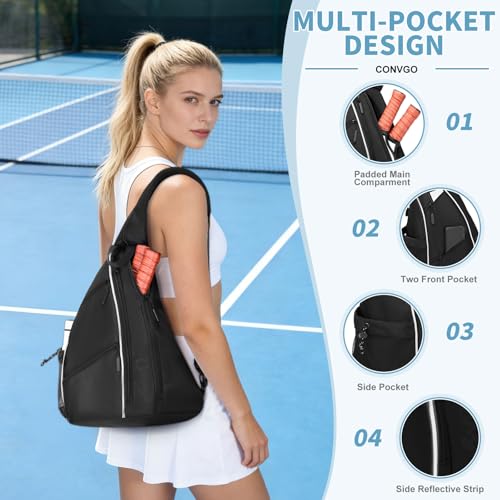 Pickleball Bag for Women Men, Adjustable Pickleball Backpack, 2 in 1 Sports Sling Bag for Pickleball Tennis - color: Black