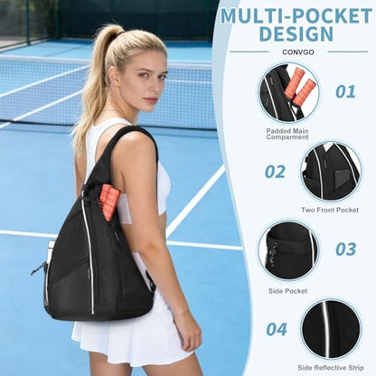 Pickleball Bag for Women Men, Adjustable Pickleball Backpack, 2 in 1 Sports Sling Bag for Pickleball Tennis - color: Black