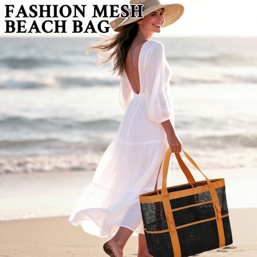 GYEUKHAM Mesh Beach Bag for Women, Sand-Resistant Pool Tote, 9 Pockets (1 Inner Zip), Foldable Family Travel Essentials - color: L-black2#