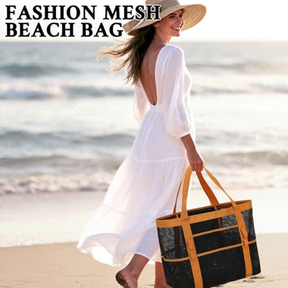 GYEUKHAM Mesh Beach Bag for Women, Sand-Resistant Pool Tote, 9 Pockets (1 Inner Zip), Foldable Family Travel Essentials - color: L-black2#