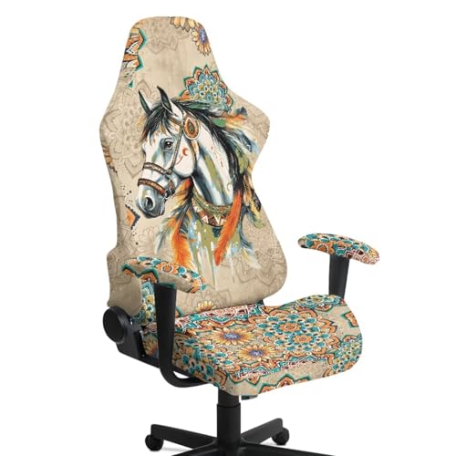 Horse Print Gaming Chair Covers Boho Mandala Flower Print Gamer Chair Cover Set with 2 Armrest Covers for Swivel Rotating Chairs, Machine Washable - color: Brown - Horse Boho Mandala Flower