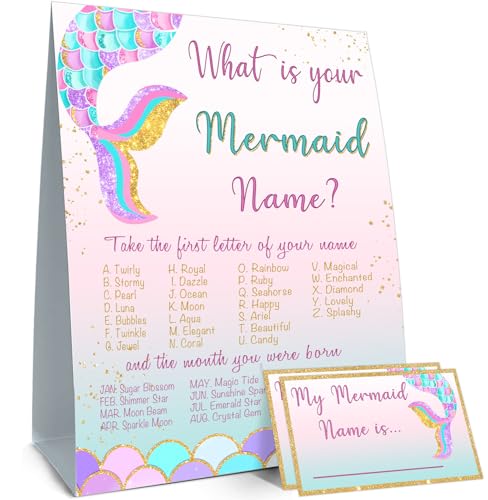 What's Your Mermaid Name, 1 Sign and 30 Name Stickers - style: Mermaid
