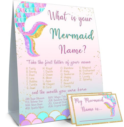 What's Your Mermaid Name, 1 Sign and 30 Name Stickers - style: Mermaid