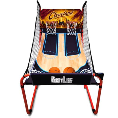 PartyLife 2-Player Basketball Arcade Game w/Optional LED Lights | Electronic Scoring | 5 Balls, 1 Pump, 8 Games | Folding Design | Heavy-Duty Steel Frame - Choose Your Model - color: CLEVELAND, style: Base Model