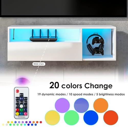 55" White TV Gaming Console with LED Lights - 4 Controller Hooks & 2 Headphone Hooks, Hidden Storage Cabinet, 30KG Top Load Capacity (White + Particle Board,Small) - size: Small