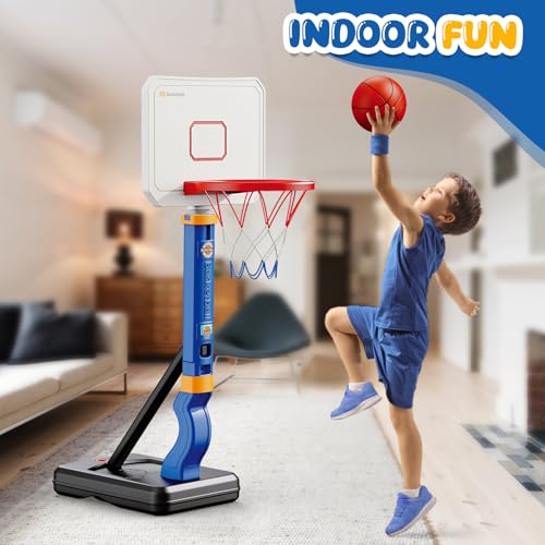 Toddler Basketball Hoop, Adjustable Height 2.3-4.5ft Baby Basketball Goal Set with 4 Balls & Pump, Backyard Poolside Basketball Toy for Boys & Girls Birthday Gift, Blue