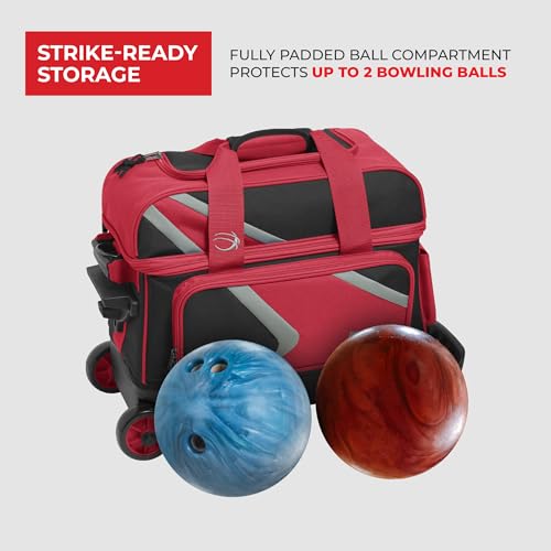 BSI Dash Roller Bowling Bag with Smooth Rolling Wheels, Padded Ball Compartment, Retractable Locking Handle, & Shoe Pocket - color: Black/Red/Gray, style: Double