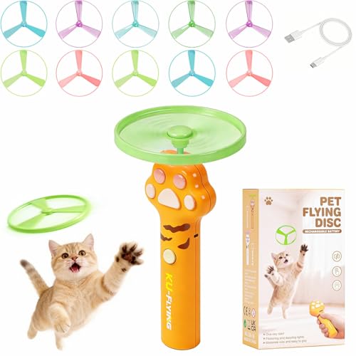 Cat Fetch Toy Launcher with 10 Soft & Flexible Discs, Cat Toys for Indoor Cats, LED Glowing Launcher, Electric Interactive Kitten Toy for Hunting & Exercise, USB Rechargeable - color: brown