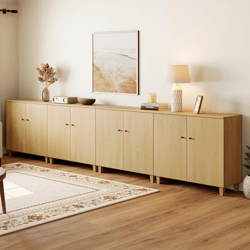 WAMPAT 142" Wood Sideboard Buffet Table – 8-Door Oak Long Credenza Storage Cabinet, 4-in-1 Coffee Bar for Dining Room & Kitchen, Modern Storage Cabinet with 12 Compartments for Living Room Hallway - color: Oak, size: 141.6" W