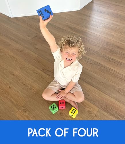 4 Foam Jumbo Playing Dice - Red, Yellow, Blue, Green - Kids Outdoor/Indoor Games, Classroom Supplies