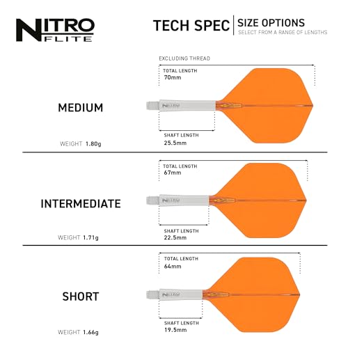 RED DRAGON Nitro Flite Integrated Flight & Shaft System - Dual-Core Polycarbonate for Stable, Consistent Flight, No.2 Shape, Intermediate (28mm) Length, White & Orange
