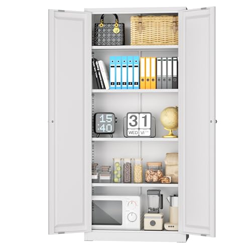 INTERGRAET Kitchen Pantry Cabinet, 63" Tall Metal Pantry Storage Cabinets with 2 Doors and 4 Shelves, Metal Storage Cabinet,Cupboard for Home,Kitchen,Living Room/Dining, White - color: White, size: 63"H Metal Cabinet