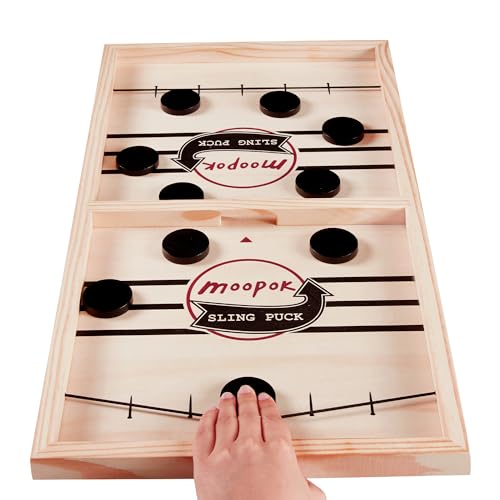 moopok Fast Sling Puck Game - Fast Action Super Foosball Table Desktop Battle Slingshot Wooden Air Hockey Board Game -Guaranteed Fun for Family Game Night or Friends Party - size: (Standard) Medium