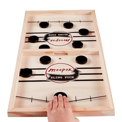 moopok Fast Sling Puck Game - Fast Action Super Foosball Table Desktop Battle Slingshot Wooden Air Hockey Board Game -Guaranteed Fun for Family Game Night or Friends Party - size: (Standard) Medium