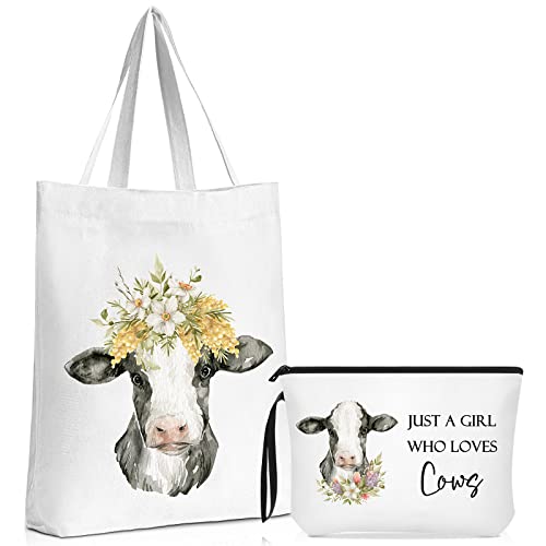 Sieral 2 Pcs Animal Lover Bag Gift for Women Travel Canvas Tote Portable Zipper Pouch Canvas Reusable Grocery Tote - style: Cow