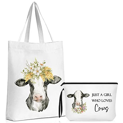 Sieral 2 Pcs Animal Lover Bag Gift for Women Travel Canvas Tote Portable Zipper Pouch Canvas Reusable Grocery Tote - style: Cow