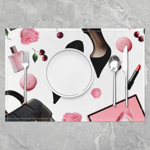 Erosebridal High Heel Placemats Set of 4 12x18 Handbag Place Mat for Girls Women Macarons Rose Cherry Fantasy White Pink Black Heat Resisting Table Mats - color: White Pink Black