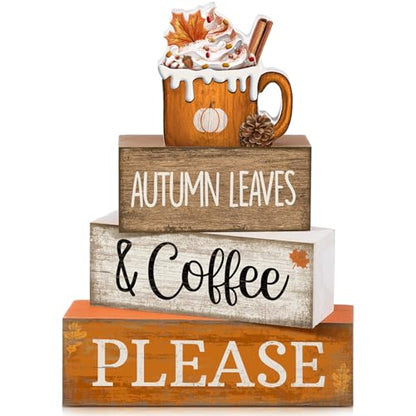 Lineshading 4 Pcs Fall Coffee Table Decor Fall Decoration for Home Wooden Stacked Block with Pumpkin Latte Topper Rustic Thanksgiving Tiered Tray Decor for Harvest Party Home Kitchen Coffee Bar - style: Autumn Leaves 2