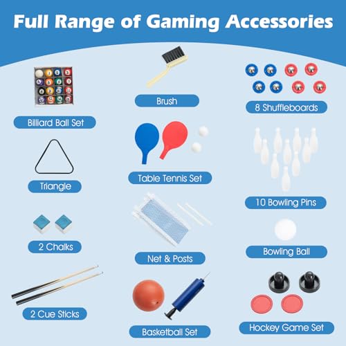 GLACER Multi Game Table, 6 in 1 Combo Pool Table w/Air Hockey, Billiards, Ping Pong, Basketball, Shuffleboard & Bowling, Foldable Design Game Table with Accessories for Home, Family Night
