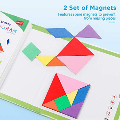 Vanmor Travel Tangram Puzzle with 2 Sets Magnetic Plate-Montessori Shape Pattern Blocks Jigsaw Road Trip Games with 368 Solution - IQ Book Educational Toy Brain Teaser Gift for Kids Adults Challenge - style: 368 Solution