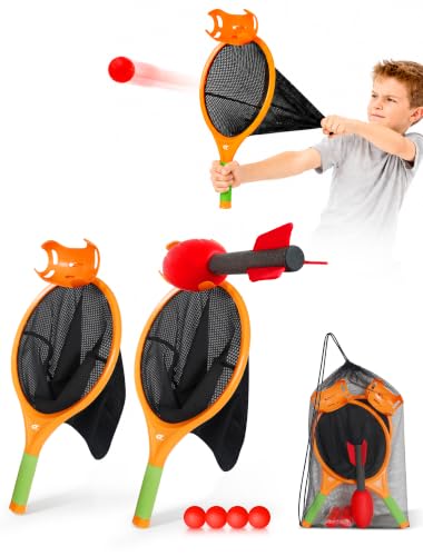 Launch & Catch Ball Set for Kids, Toss and Catch Outdoor Game with 2 Elastic Paddles, 1 Foam Football, 4 Soft Balls and Carry Bag, Solo Practice or Family Backyard Game for Beach and Lawn Play