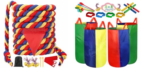 Outdoor Games 40FT Tug of War Rope & Potato Sack Race Bags Kit for Kids and Adults, Field Day Family Reunion Birthday Party Yard Games