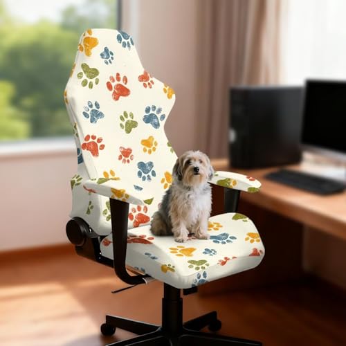 Suobstales Colorful Dog Paw Pattern Gaming Chair Covers Slipcovers, Stretch Removable Washable Computer Reclining Gaming Chair Protector Slipcovers with Armrest Cover (No Chairs) - color: Colorful Dog Paw